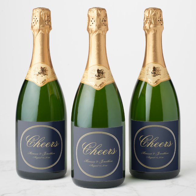 Cheers Elegant Blue Guld Calligraphy Bröllop (Flaskor)