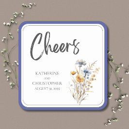 Cheers Elegant Blue Wildblomma Blommigt Bröllop Underlägg Papper Kvadrat