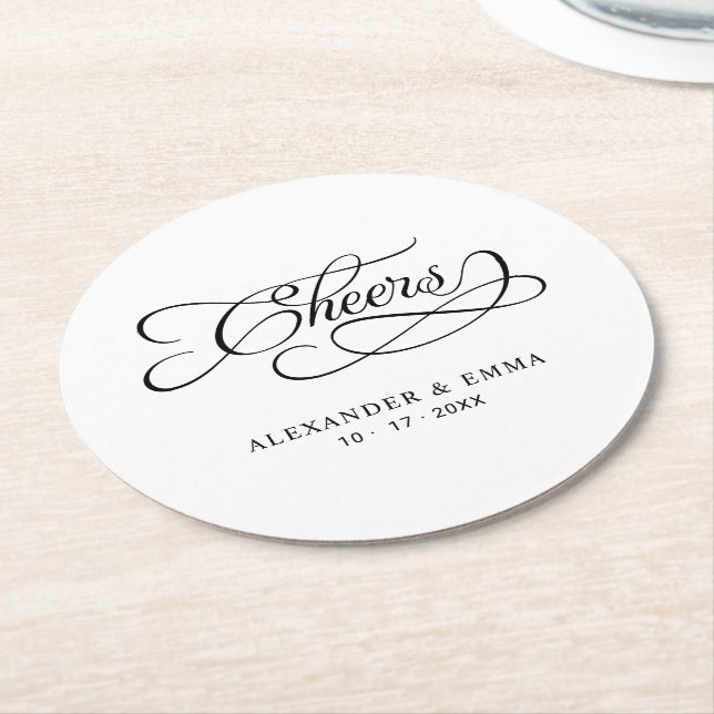 Cheers Elegant Calligraphy Black & White Underlägg Papper Rund (Vinklad)