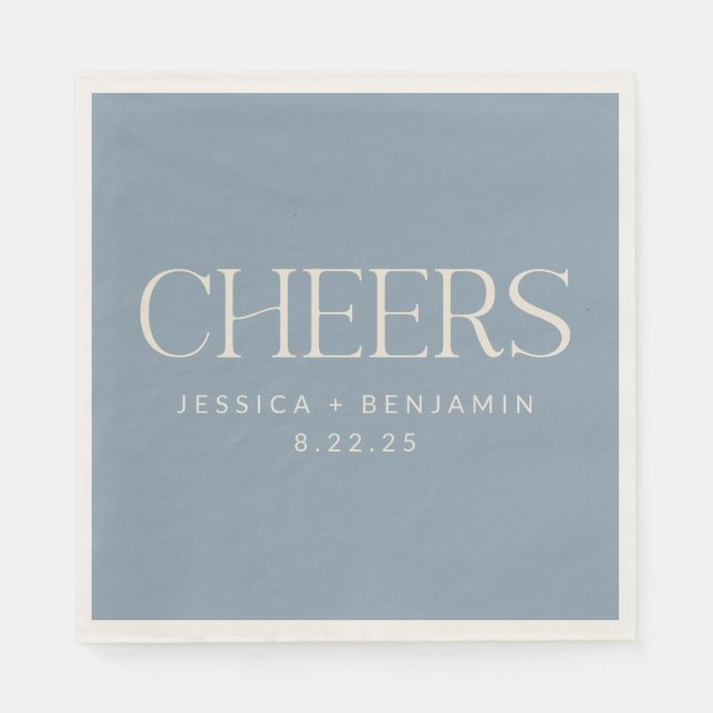 Cheers Elegant Dusty Blue Typography Bröllop Pappersservett (Framsidan)