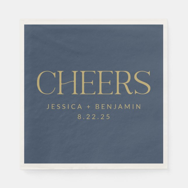 Cheers Elegant Navy Blue Guld Typography Bröllop Pappersservett (Framsidan)