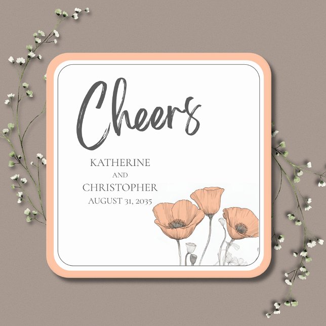 Cheers Elegant Peach Blommigt Poppies Bröllop Underlägg Papper Kvadrat (Cheers Peach Poppies Paper Wedding Coaster is Modern & Elegant to coordinate with your wedding decor)