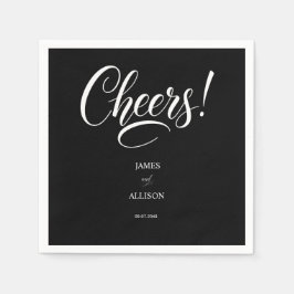 "Cheers!" Elegant Script Black Bröllop Napkins Pappersservett