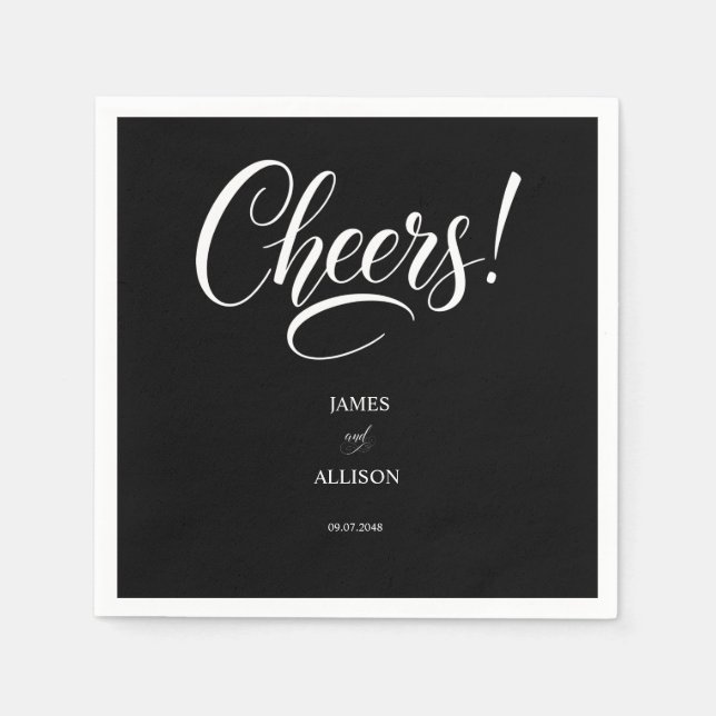 "Cheers!" Elegant Script Black Bröllop Napkins Pappersservett (Framsidan)