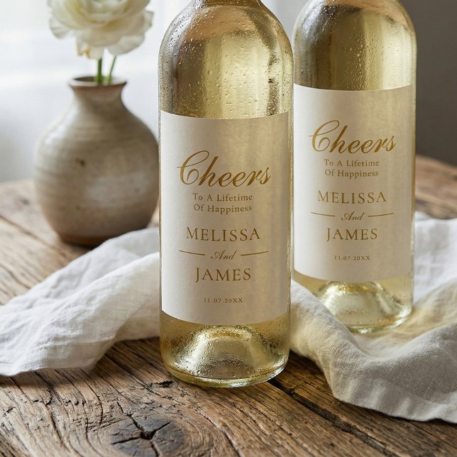 Cheers Elegant Script Wedding White Wine Label Vinflaska Etikett (Skapare uppladdad)