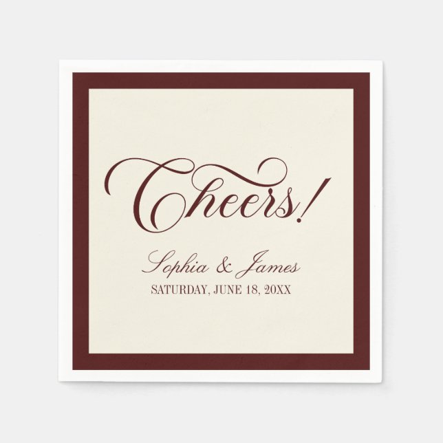 Cheers! Elegant Vintage Ivory Burgundy Wedding Pappersservett (Framsidan)