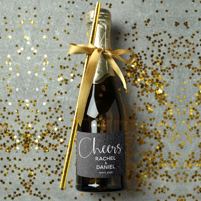 Cheers Faux BLACK GLITTER Bröllop Mini (Cheers black faux glitter mini sparkling wine labels personalized for your wedding)