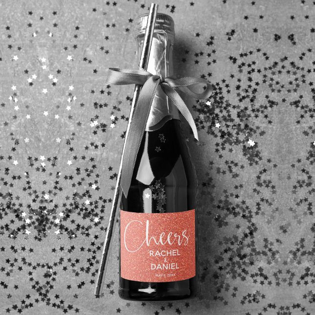 Cheers Faux ORANGE GLITTER Bröllop Mini (Cheers orange faux glitter mini sparkling wine labels personalized for your wedding)