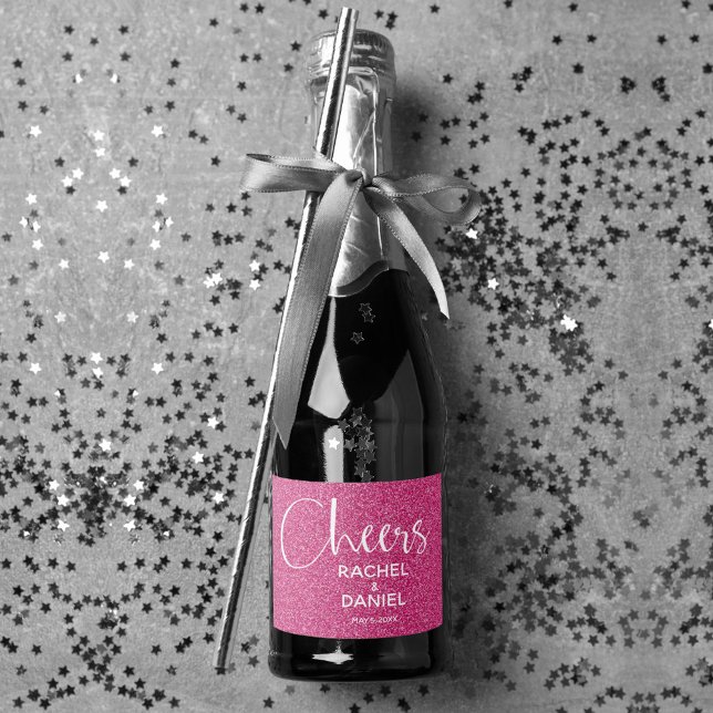 Cheers Faux SHOCK ROSA GLITTER Bröllop Mini (Cheers hot pink faux glitter mini sparkling wine labels personalized for your wedding)