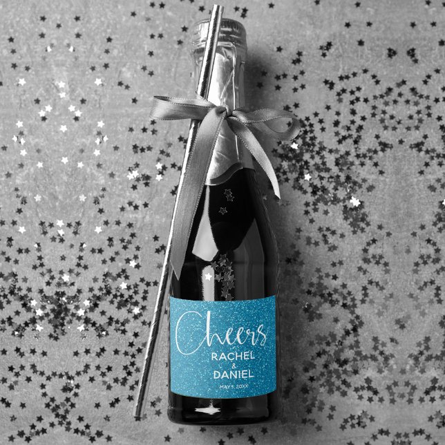 Cheers Faux TURQUOISE GLITTER Bröllop Mini (Cheers turquoise faux glitter mini sparkling wine labels personalized for your wedding)