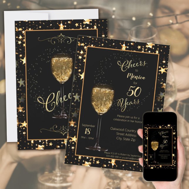 Cheers för 50 års Svart och Guld Gnistra födelseda Inbjudningar (Cheers for 50 Years Elegant Black & Gold Sparkle Birthday Invitation.
)