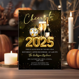 Cheers för nyårsaftonen Party 2025 Guld Inbjudningar