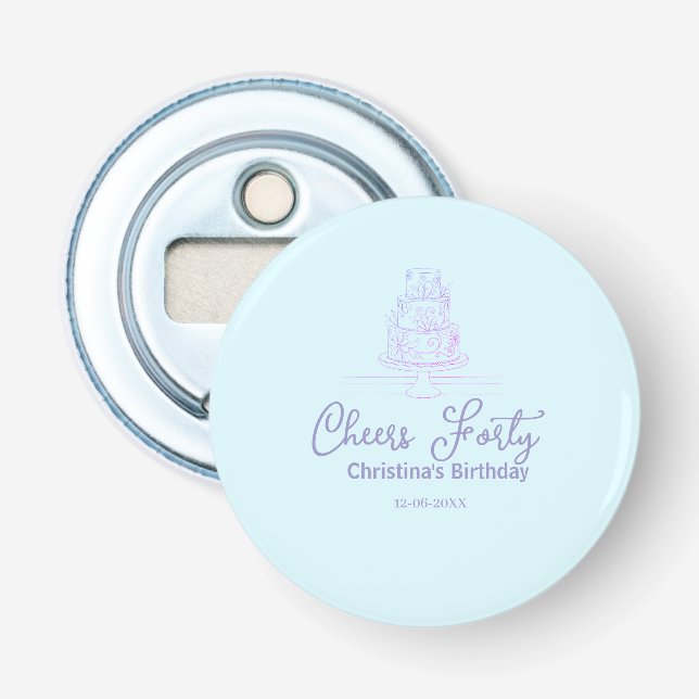 Cheers forty happy birthday cake blue purple name  flasköppnare (Framsidan)