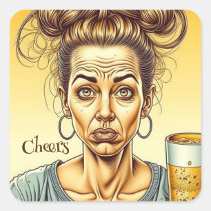 Cheers Funny Dam som innehar ett tap Beer Fyrkantigt Klistermärke