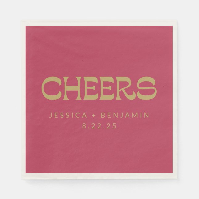 Cheers Groovy Magenta Guld Typography Namn Bröllop Pappersservett (Framsidan)