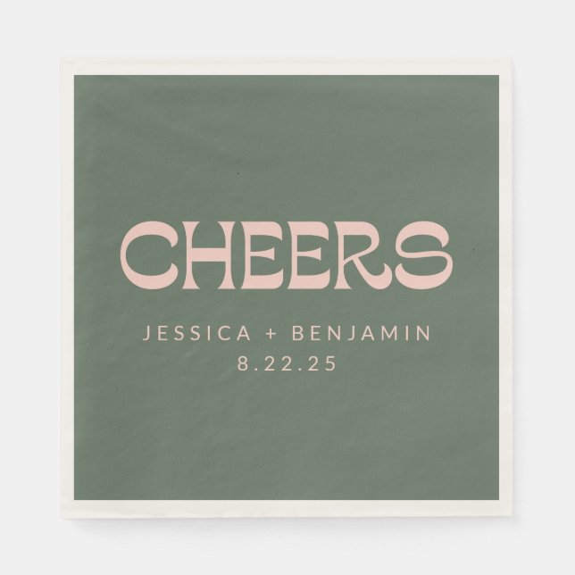 Cheers Groovy Rosa Grönt Typography Namn Bröllop Pappersservett (Framsidan)
