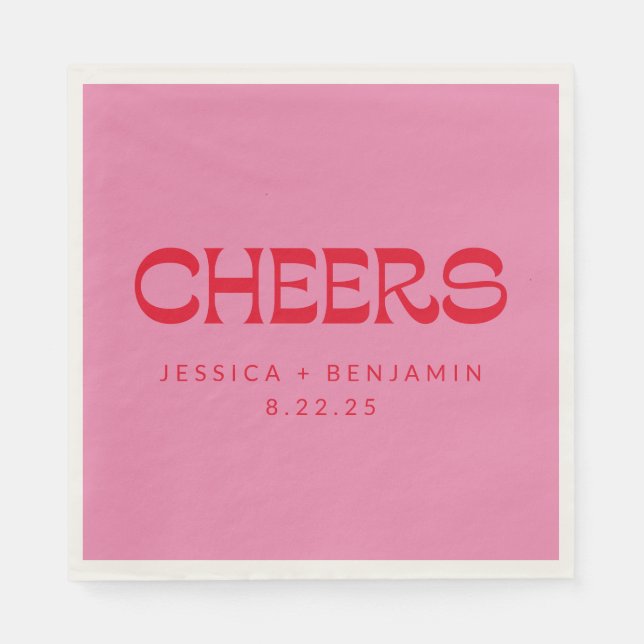 Cheers Groovy Rosa Red Typography Namn Bröllop Pappersservett (Framsidan)