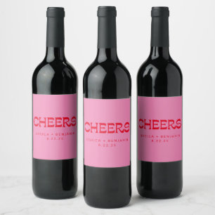 Cheers Groovy Rosa Red Typography Namn Bröllop Vinflaska Etikett