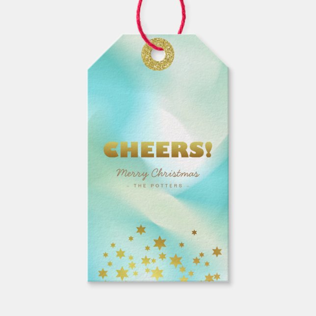 Cheers | Klistra in Grönt övertoning & Guld Presentetikett (Framsidan)