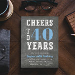 Cheers Milestone Födelsedagsfest inbjudan | Blå<br><div class="desc">Firar sin milstolpe-födelsedag med dessa festinbjudningar med "cheers to XX years" i vitt och blått brev på en borstad kritbakgrund. Anpassa med din party-information under. Exempel som visas för en 40-årsdag.</div>