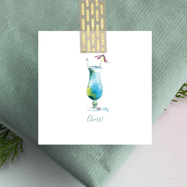 Cheers Mini Helgdag Blue Hawaii Cocktail Anteckningskort (Watercolor blue Hawaii cocktail mini notecards unique art by Victoria Grigaliunas of Do Tell A Belle)