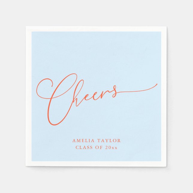 Cheers Minimal Blue Orange Script Graduation Party Pappersservett (Framsidan)