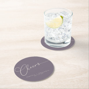Cheers Minimal Dusty Lila Script Personligt bröllp Underlägg Papper Rund
