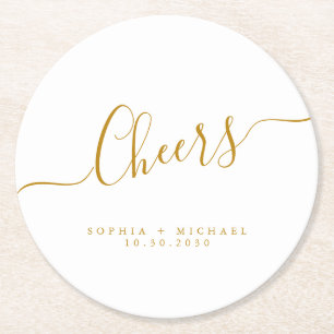 Cheers Minimal Guld Script Personligt bröllp Underlägg Papper Rund