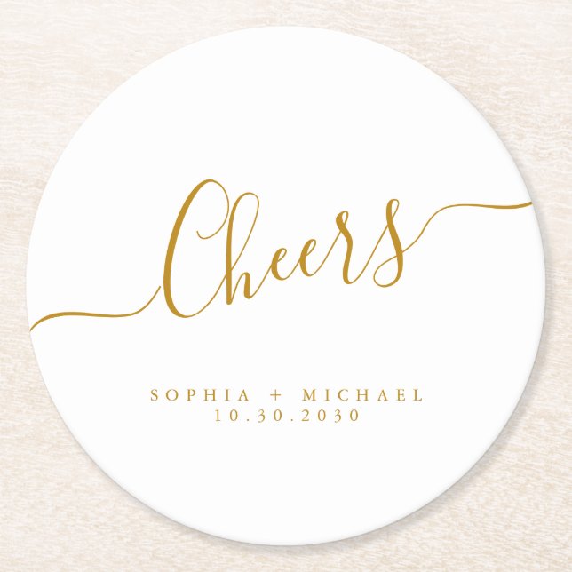 Cheers Minimal Guld Script Personligt bröllp Underlägg Papper Rund (Framsidan)