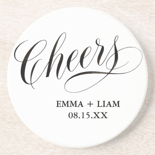 Cheers Minimal Svart Vit Script Anpassad Bröllop  Underlägg (Framsidan)