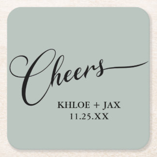 Cheers Minimal Svart Vit Script Anpassad Bröllop Underlägg Papper Kvadrat
