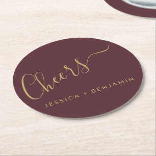 Cheers Minimalist Burgundy och Guld Personligt brö Underlägg Papper Rund