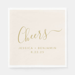 Cheers Minimalist Ecru och Guld Personligt bröllp Pappersservett