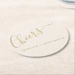 Cheers Minimalist Ecru och Guld Personligt bröllp Underlägg Papper Rund<br><div class="desc">Personlig Cheers minimalistiska Pappra Underlägg för Ecru och Guld Bröllop</div>