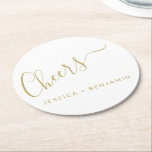 Cheers Minimalist White och Guld Personligt bröllp Underlägg Papper Rund<br><div class="desc">Personlig Cheers Minimalist White och Guld Bröllop Papper Underlägg</div>
