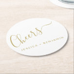 Cheers Minimalist White och Guld Personligt bröllp Underlägg Papper Rund<br><div class="desc">Personlig Cheers Minimalist White och Guld Bröllop Papper Underlägg</div>