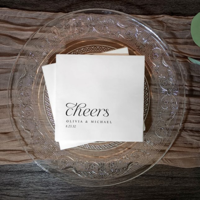 Cheers Modern Elegant Simple Black & White Bröllop Pappersservett (Cheers Napkins for weddings, reception, rehearsal dinner, engagement party. Black and white simple)