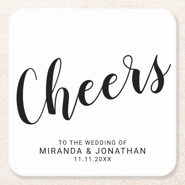 "Cheers" Modern Script Black and White Bröllop Underlägg Papper Kvadrat (Framsidan)