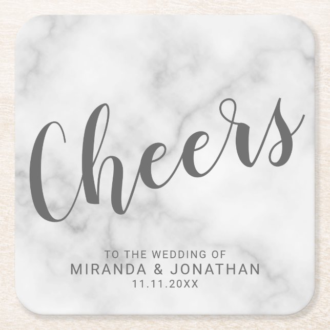 "Cheers" Modern Script White Marble Bröllop Underlägg Papper Kvadrat (Framsidan)