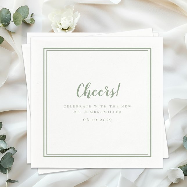 Cheers Mr. Minimalist Bröllop Modern Sage Grönt Pappersservett (Cheers Mr Mrs Minimalist Wedding Modern Sage Green Napkins)
