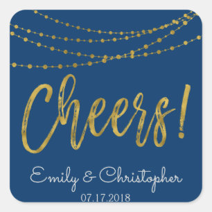 Cheers Navy Blue and Gold Foil String Ljus Fyrkantigt Klistermärke