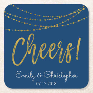 Cheers Navy Blue and Gold Foil String Ljus Underlägg Papper Kvadrat
