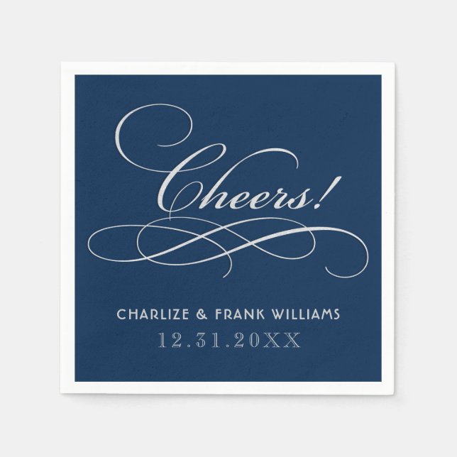 Cheers Navy Blue Silver Calligraphy Personligt brö Pappersservett (Framsidan)