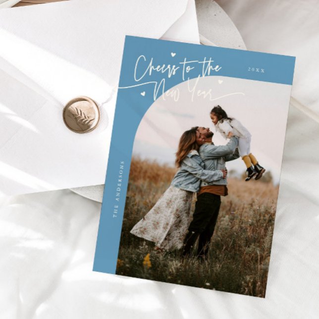 Cheers New Year Denim Blue Curved Frame Photo Julkort (Skapare uppladdad)