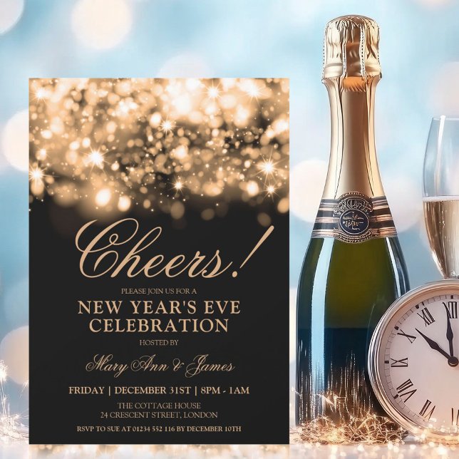 CHEERS! Nyårsafton Party Guld Gnistra Ljus Inbjudningar (CHEERS! New Years Eve Party Gold Sparkle Lights Invitation)