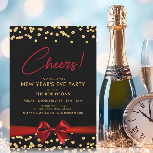 CHEERS! Nyårsafton Party Guld Konfetti Red Bow Inbjudningar (CHEERS! New Years Eve Party Gold Confetti Red Bow Invitation)