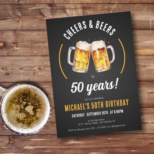 Cheers och Öl 50:e Födelsedagsfest inbjudan (Cheers and Beers 50th Birthday Party Invitation)