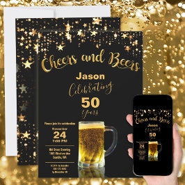 Cheers och Öl 50:e Födelsedagsfesten Black + Guld Inbjudningar