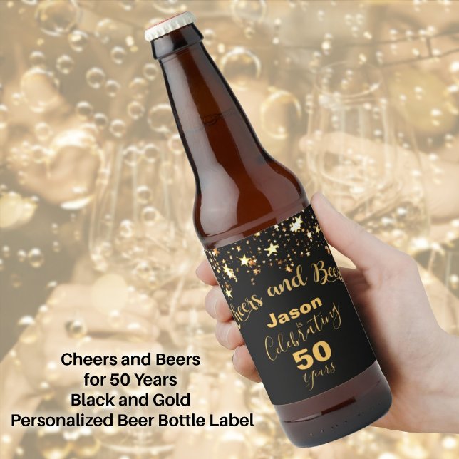 Cheers och Öl för 50 år Black och Guld Ölflaska Etikett (Cheers and Beers for 50 Years Black and Gold Beer Bottle Label)
