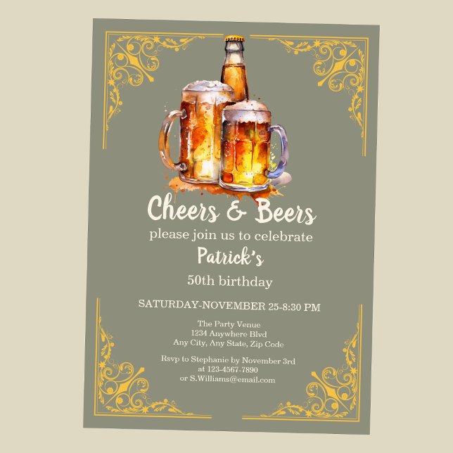 Cheers och Öl Glass Flaska 50:e födelsedagen Inbjudningar (Skapare uppladdad)